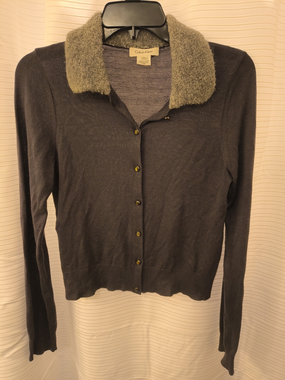 Calvin Klein Women's Crew Cardigan with Faux Shearling Collar - Gray